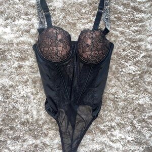 Black Lace Bodysuit with Embellished Straps